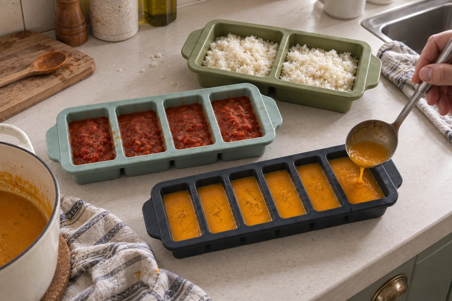 Three sizes of silicone trays with prepared rice, sauce and soup