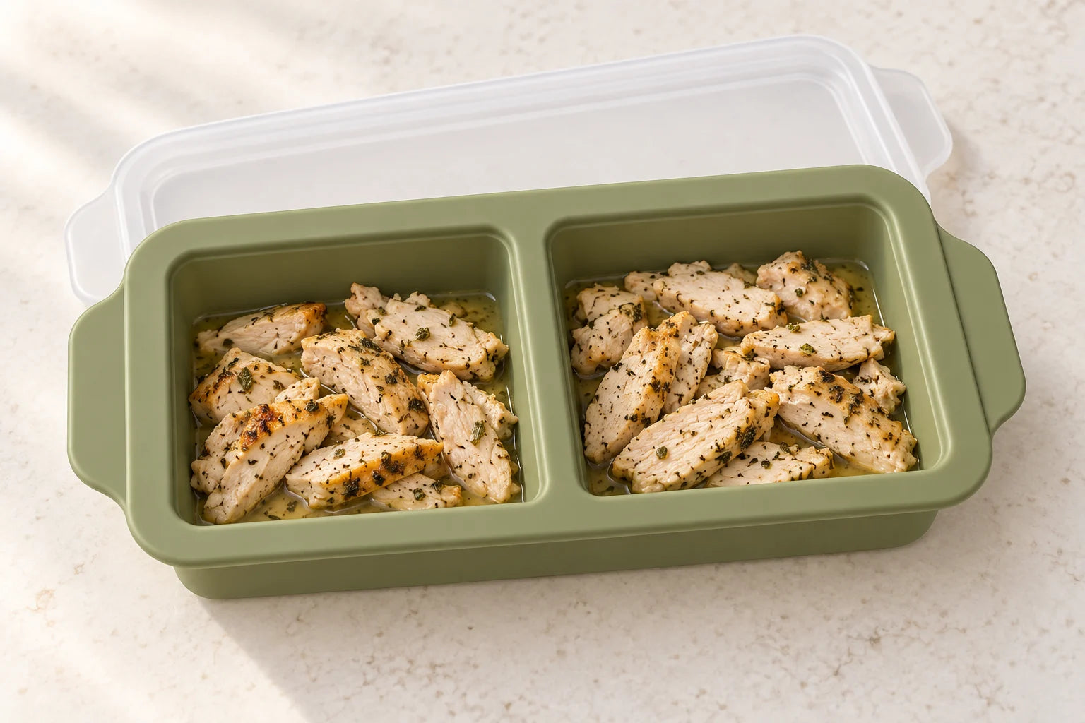 Lemon chicken & rice portioned in a Olive tray with 2 compartments