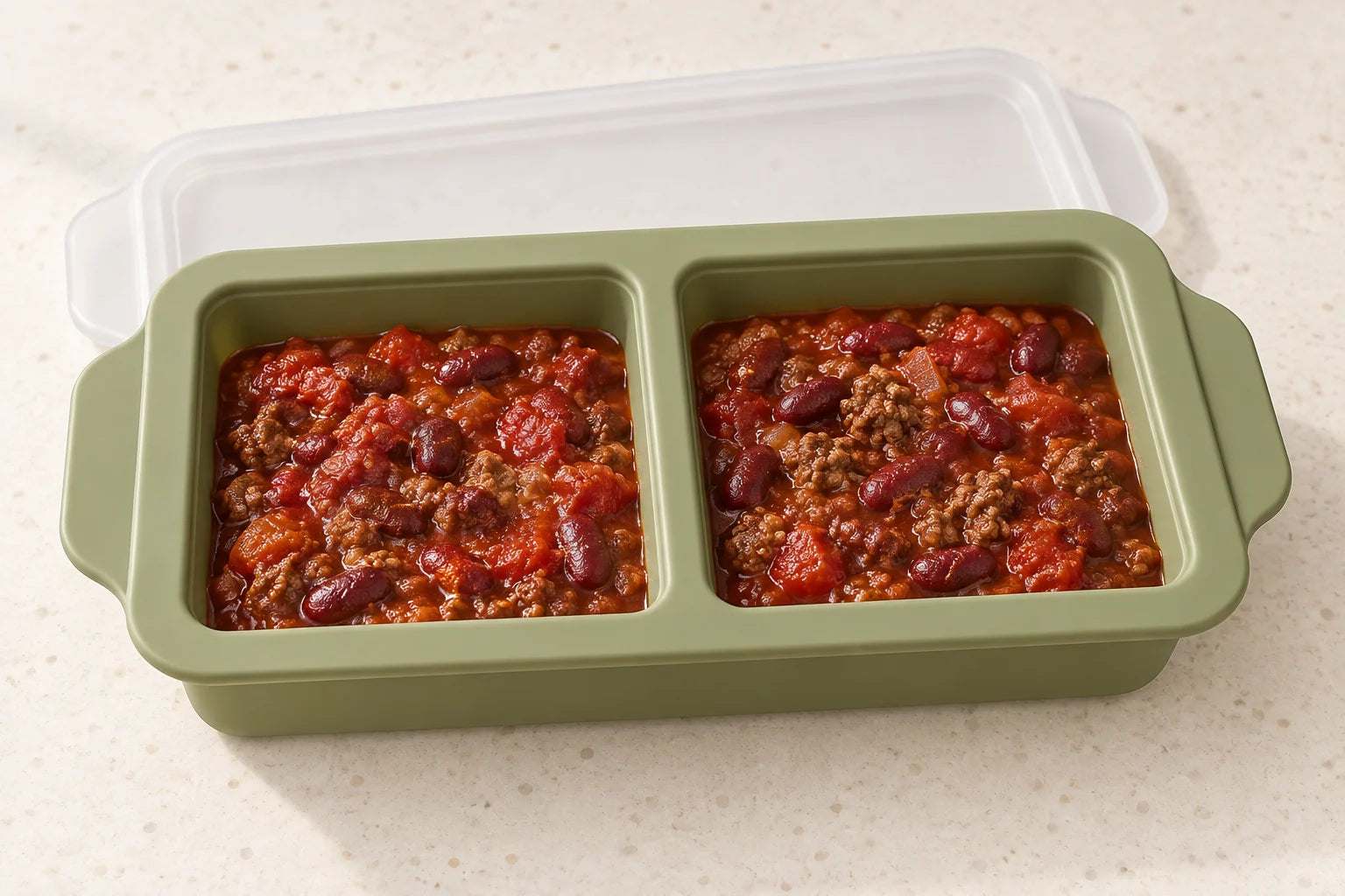 Beef & bean chilli portioned in a Olive tray with 2 compartments