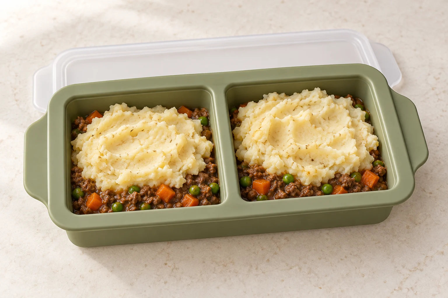 Mini cottage pie portions portioned in a Olive tray with 2 compartments
