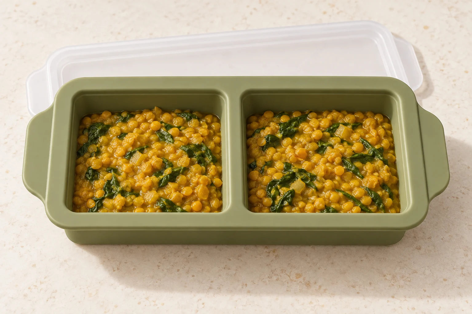 Red lentil dhal portioned in a Olive tray with 2 compartments