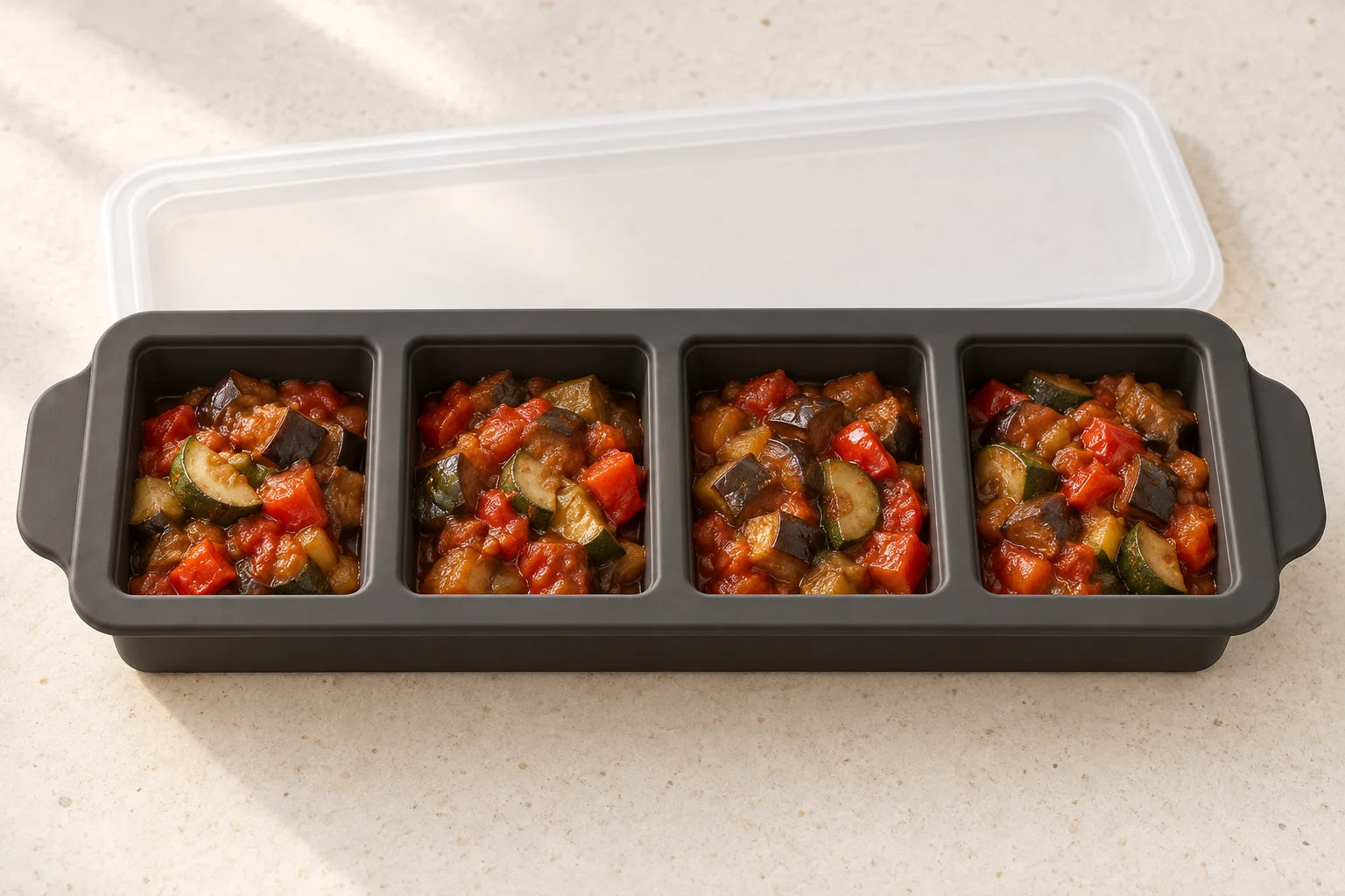 Ratatouille for anything portioned in a Ink tray with 4 compartments