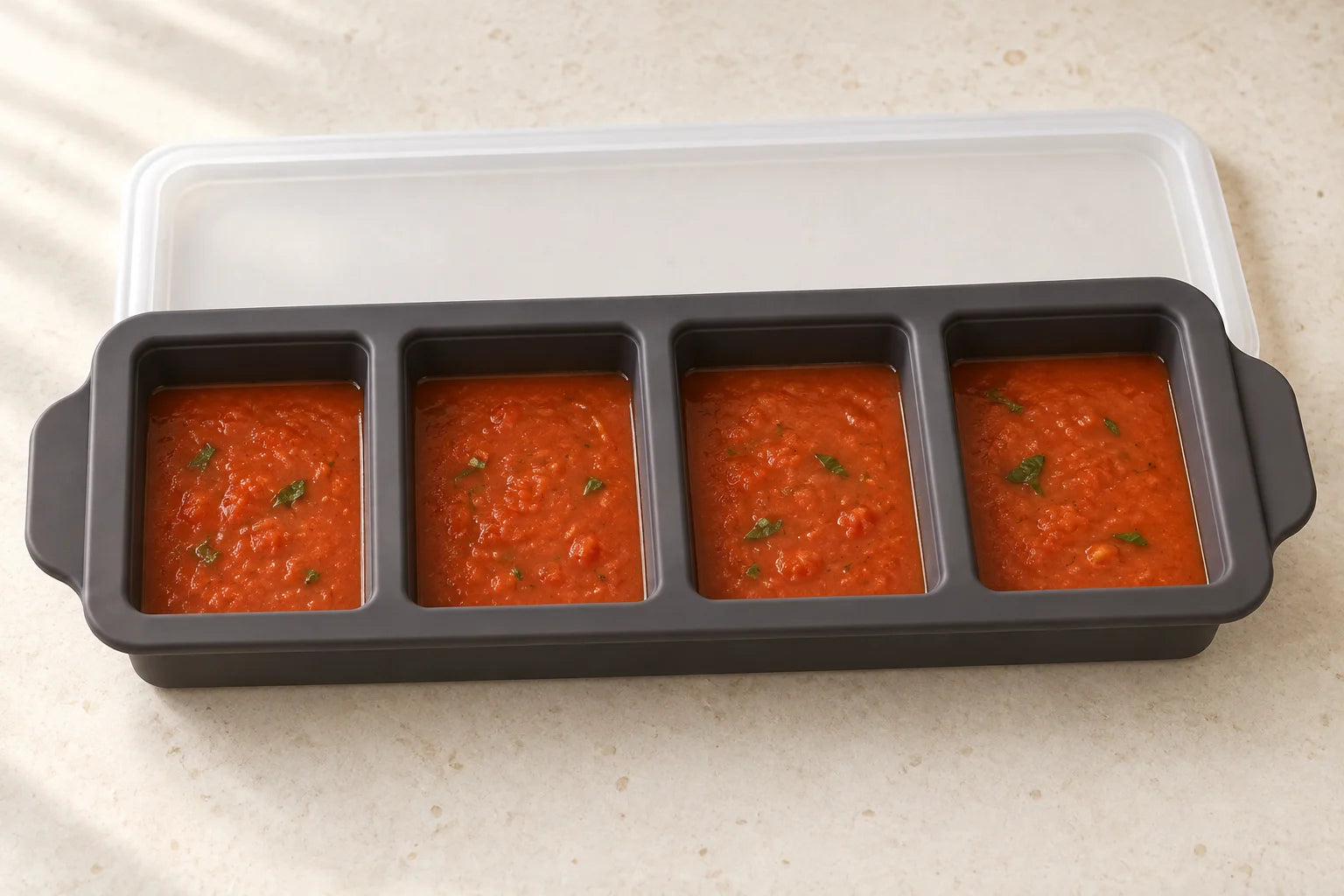 Tomato soup & toast portioned in a Ink tray with 4 compartments