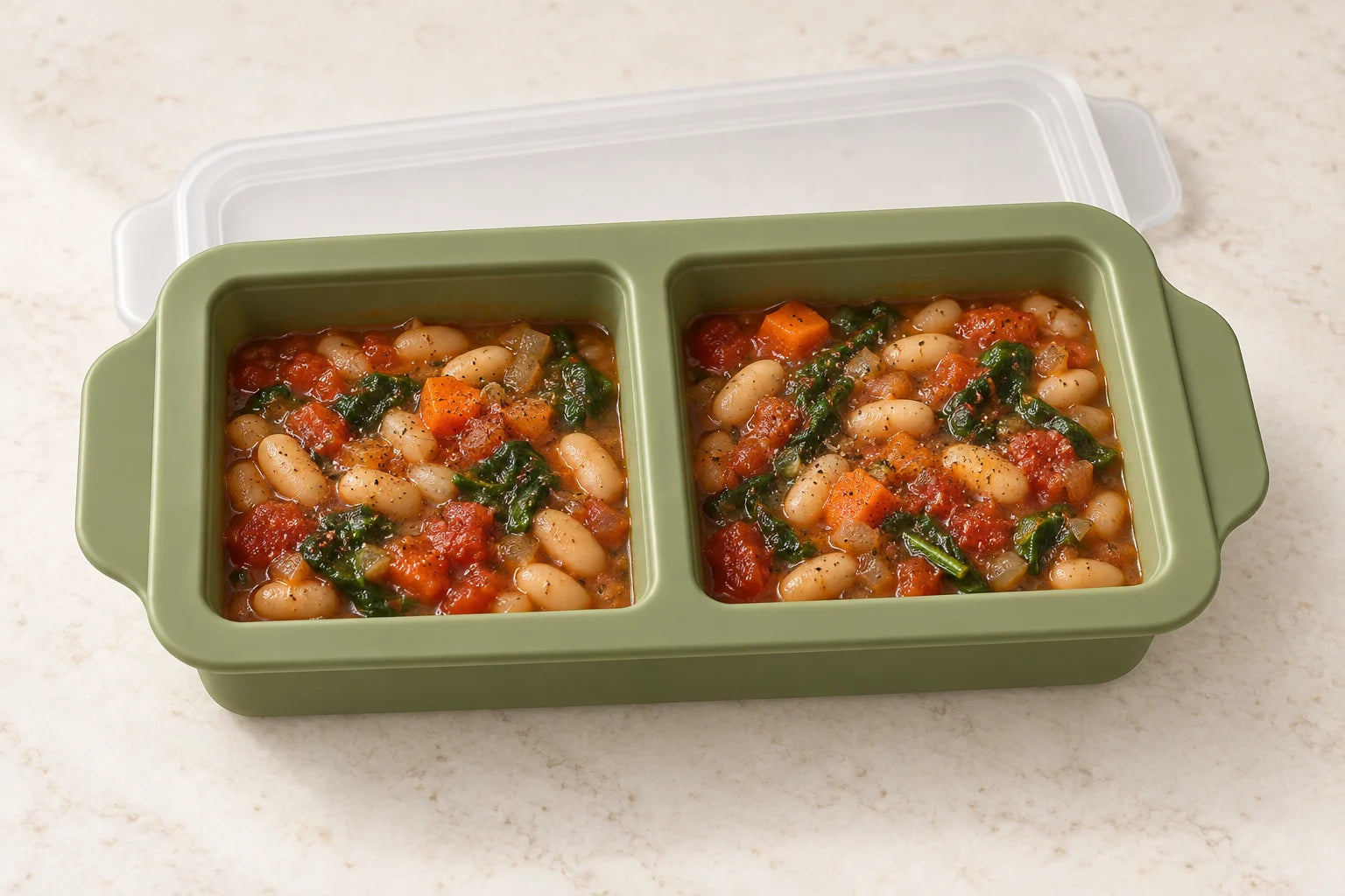 White bean & vegetable stew portioned in a Olive tray with 2 compartments
