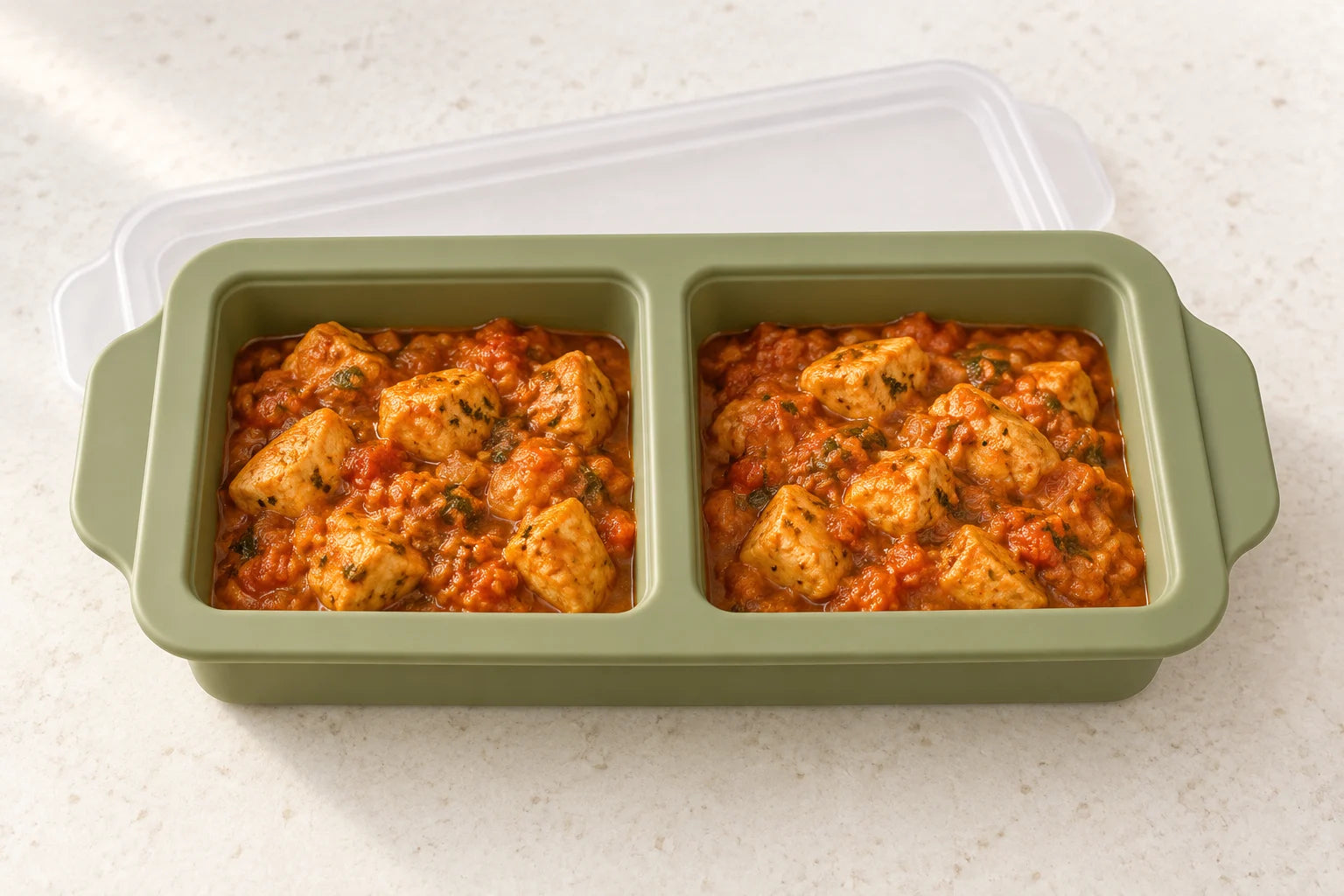 Tomato chicken curry portioned in a Olive tray with 2 compartments