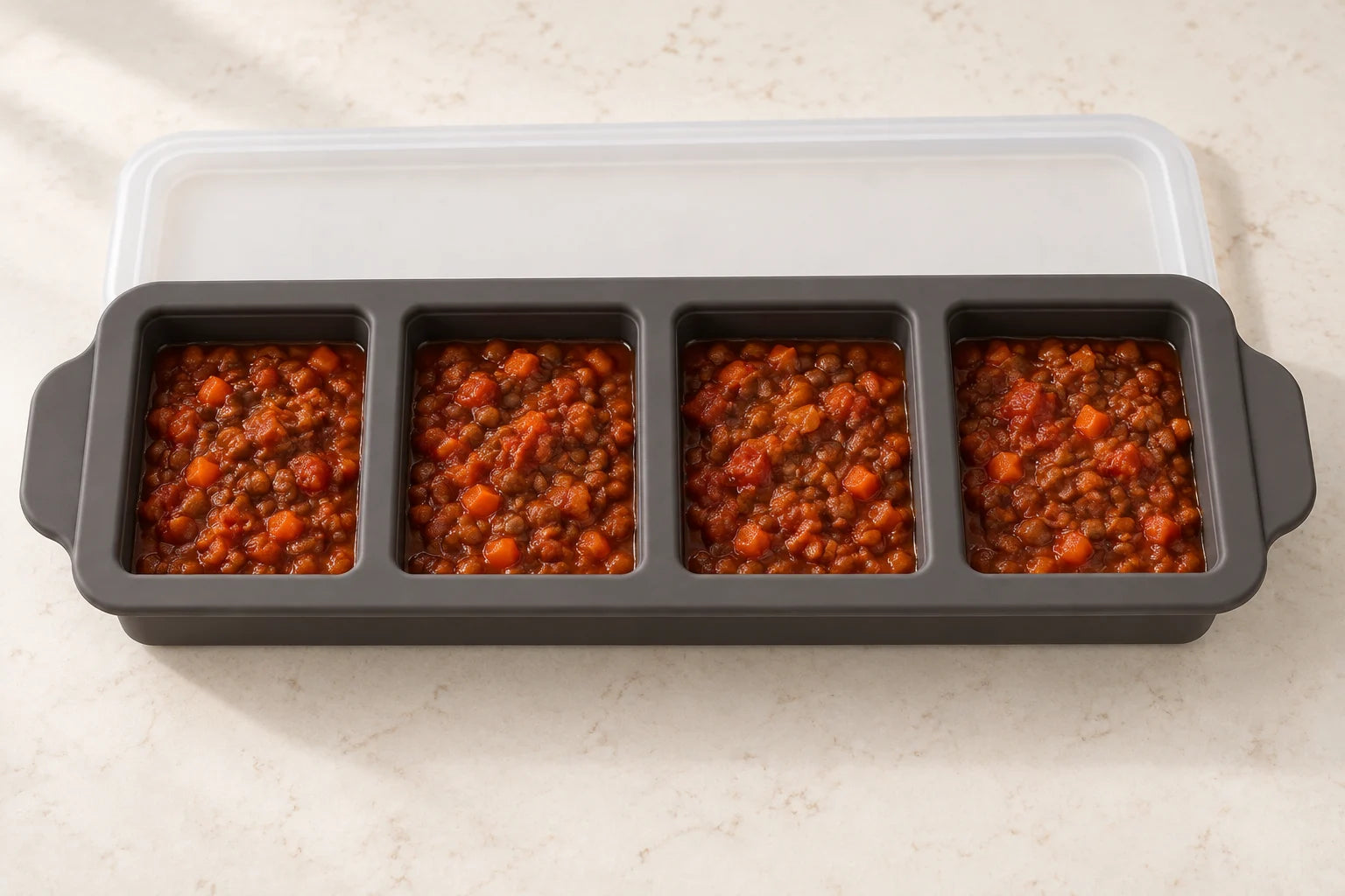 Lentil bolognese portioned in a Ink tray with 4 compartments