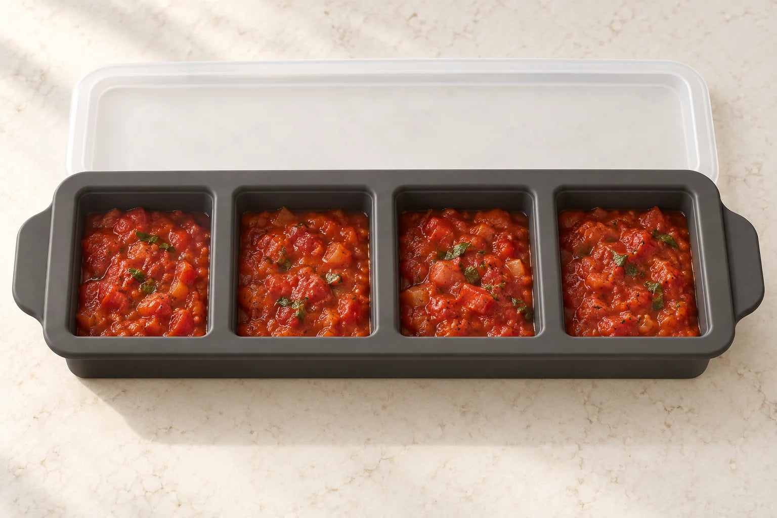 Tomato & basil pasta portioned in a Ink tray with 4 compartments