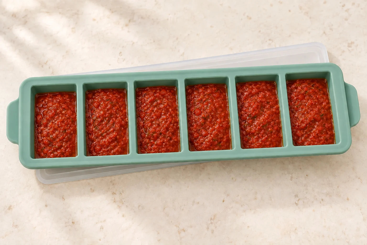 Pizza-night tomato sauce in a six-compartment eucalyptus tray